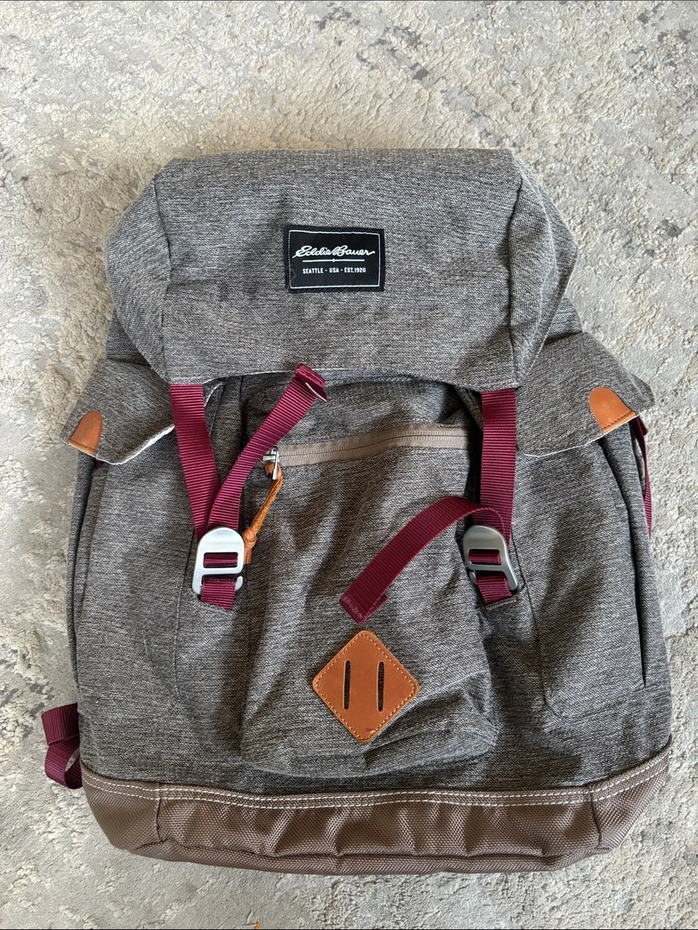 Eddie Bauer Gray Canvas Backpack with Burgundy Straps and Brown Accents